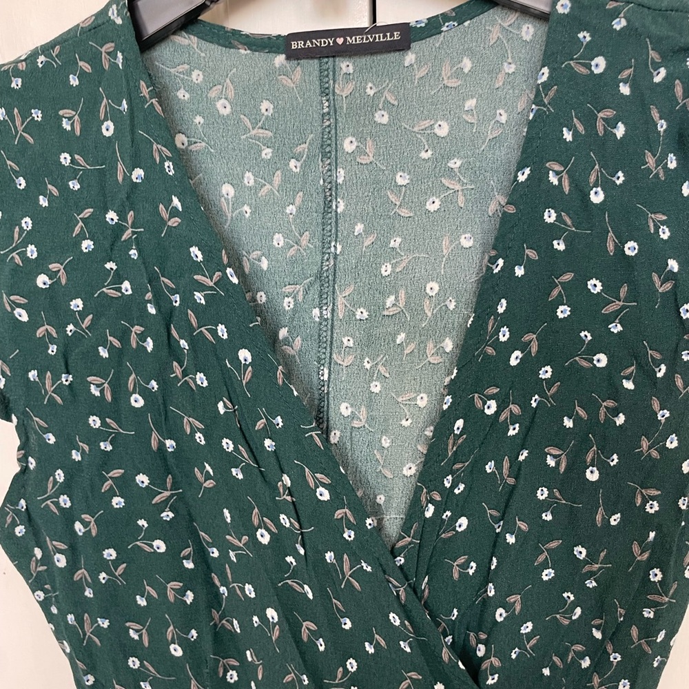 Brandy Melville Dark Green Mini Wrap Dress with White Floral Print - Picture 3 of 5